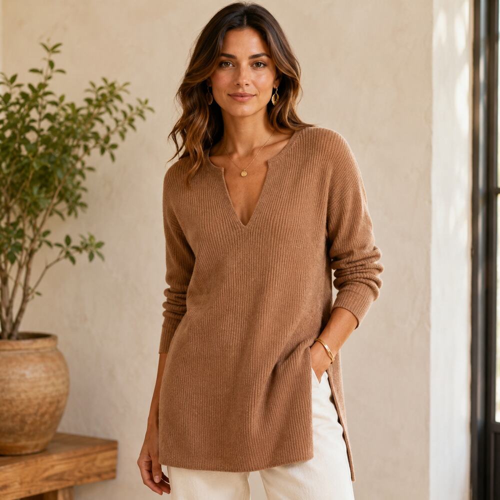 Ett:twa By Anthropologie SZ L Amrita Merino Blend V-Neck Long Ribbed Sweater